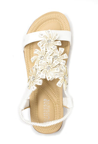 White Floral Diamante Stud Detail Flat Sandals