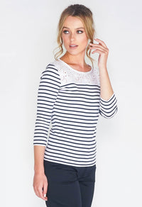 STRIPE TOP WITH BRODERIE ANGLAISE PANEL