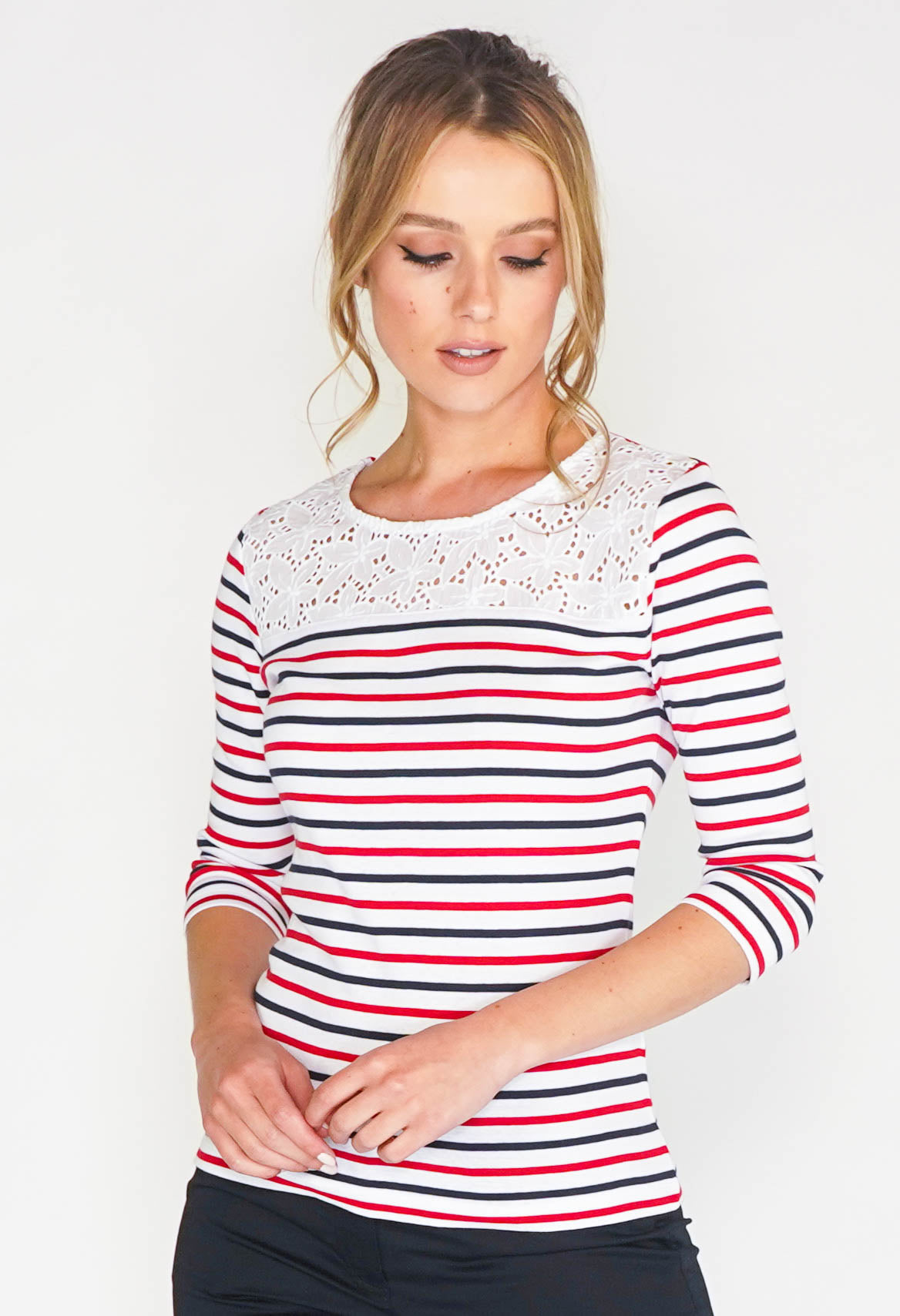 STRIPE TOP WITH BRODERIE ANGLAISE PANEL-1