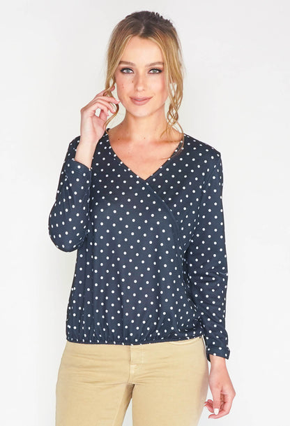 NAVY POLKADOT FAUX CROSSOVER TOP