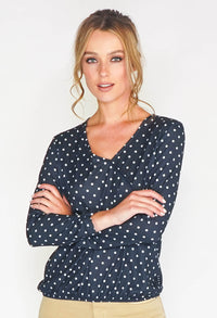 NAVY POLKADOT FAUX CROSSOVER TOP