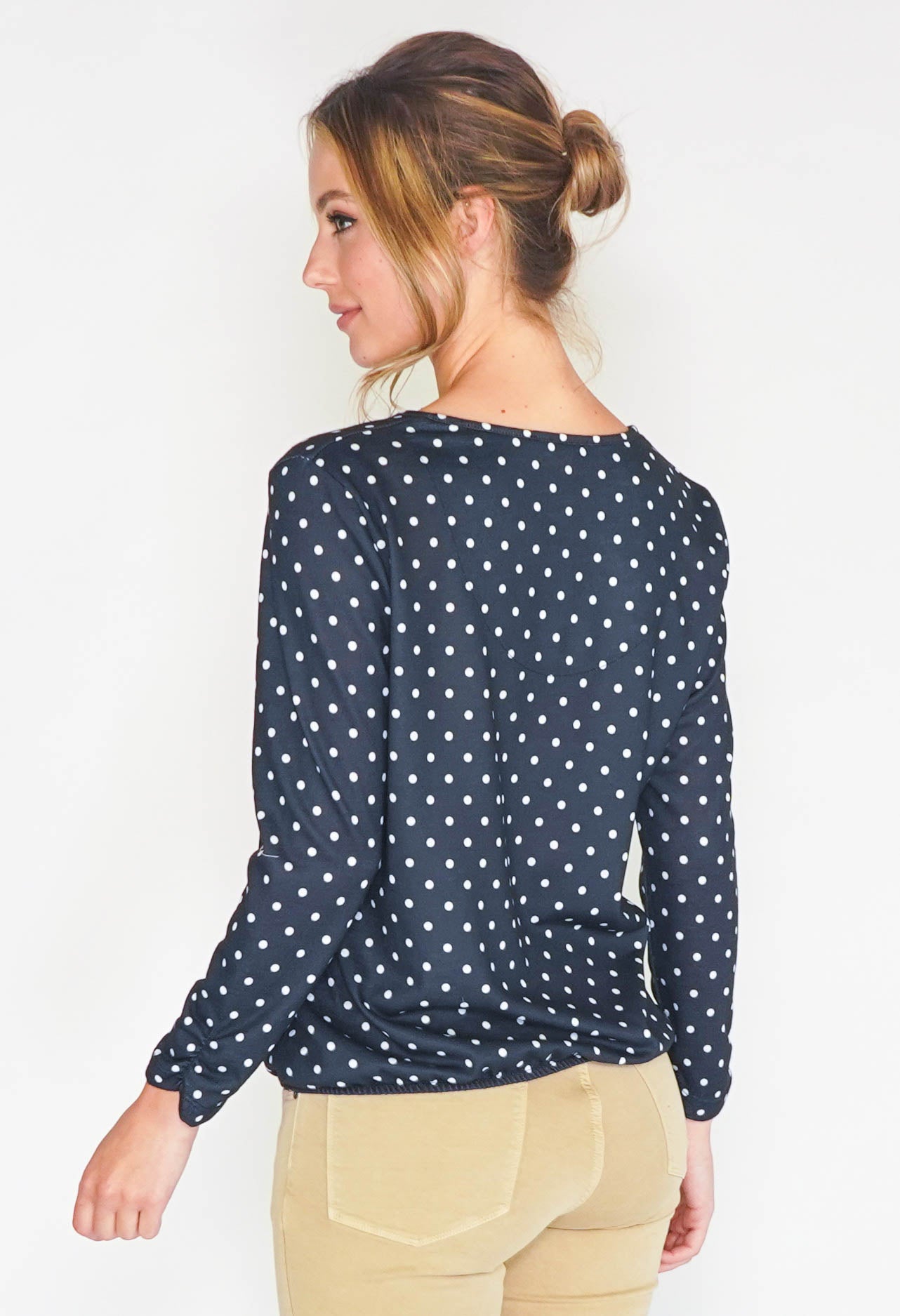 NAVY POLKADOT FAUX CROSSOVER TOP