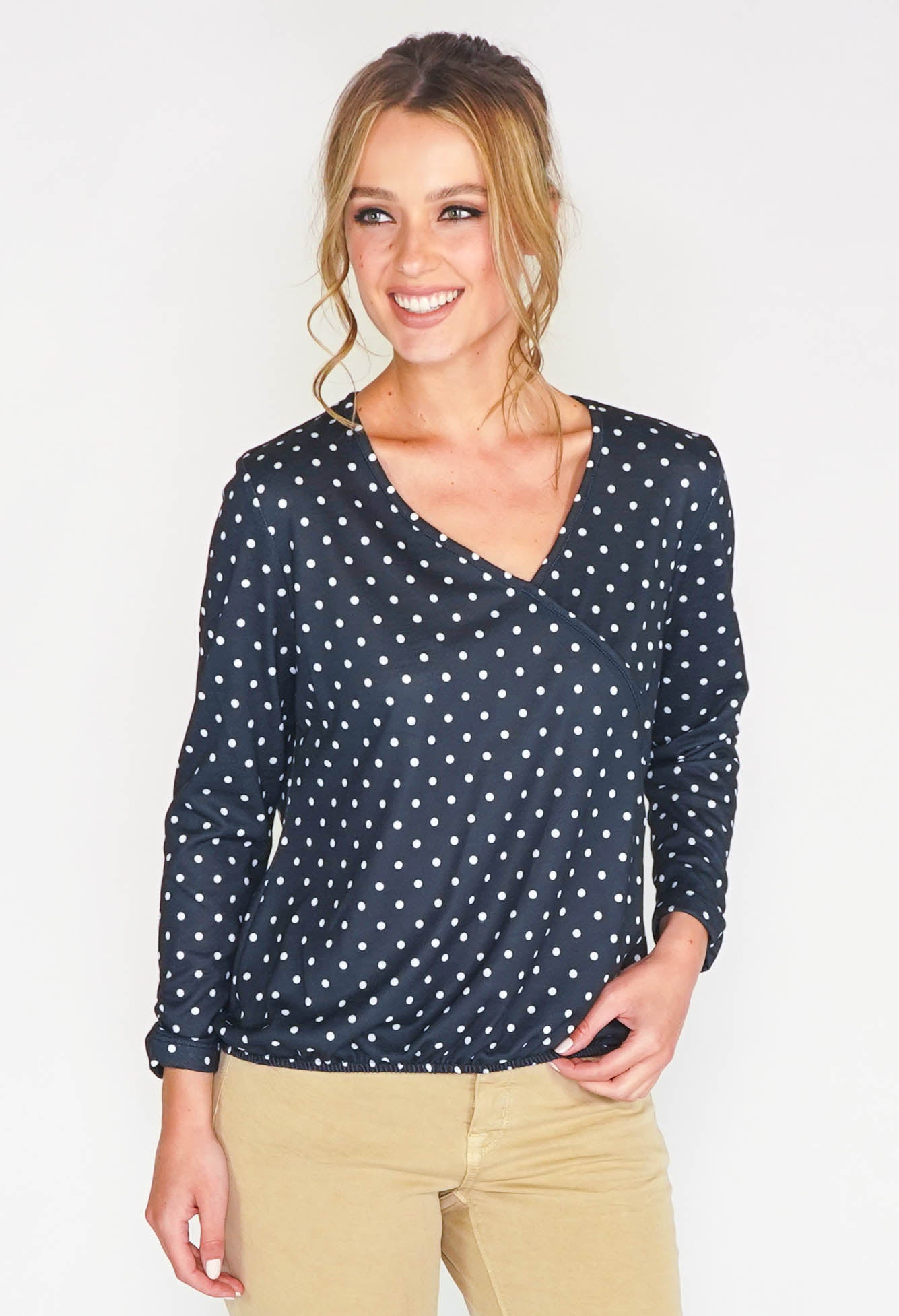 NAVY POLKADOT FAUX CROSSOVER TOP