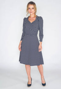 navy dress in polka dot print