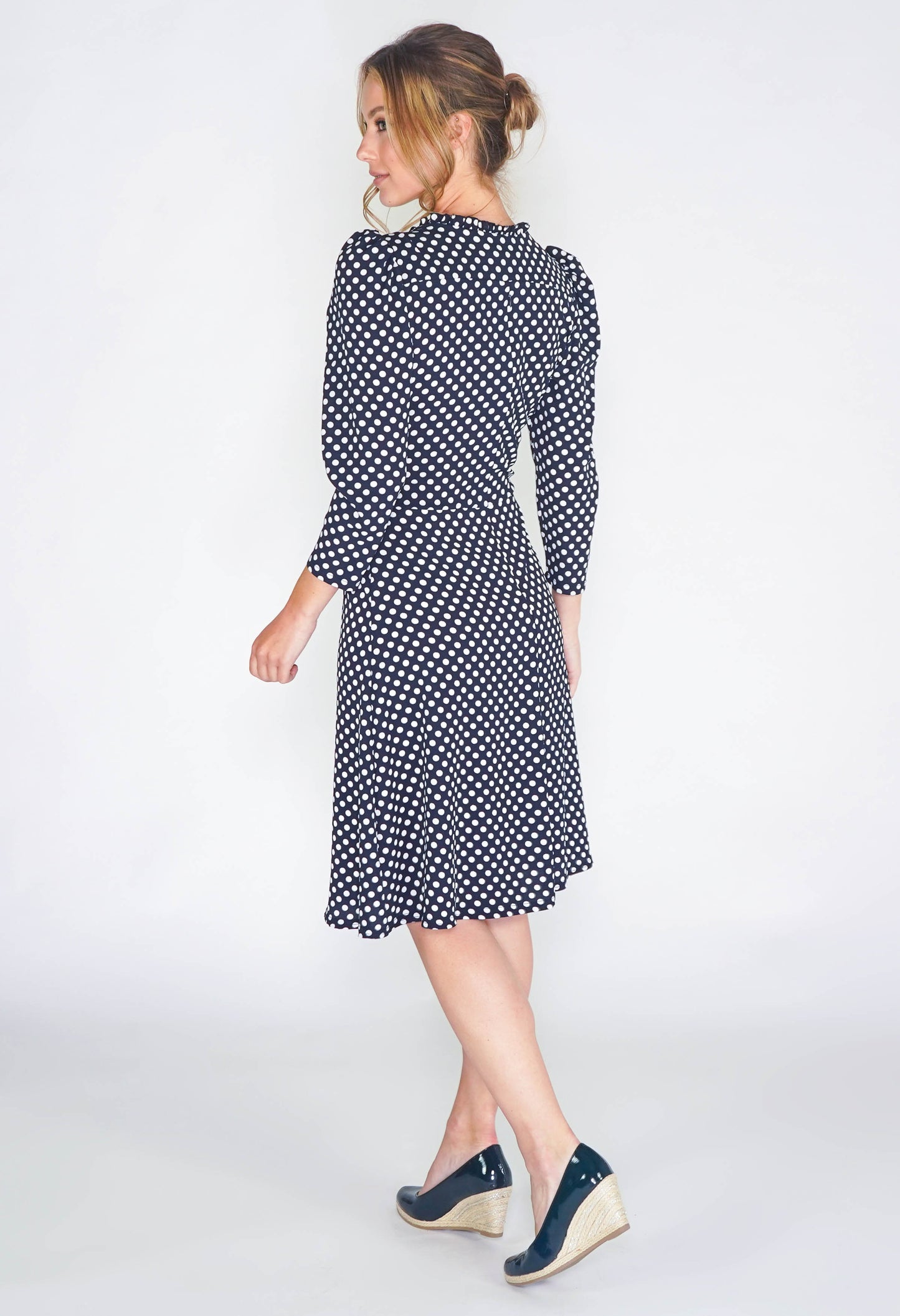 navy dress in polka dot print