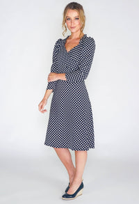 navy dress in polka dot print