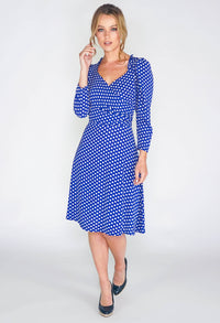 royal blue dress in polka dot print