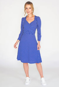 royal blue dress in polka dot print