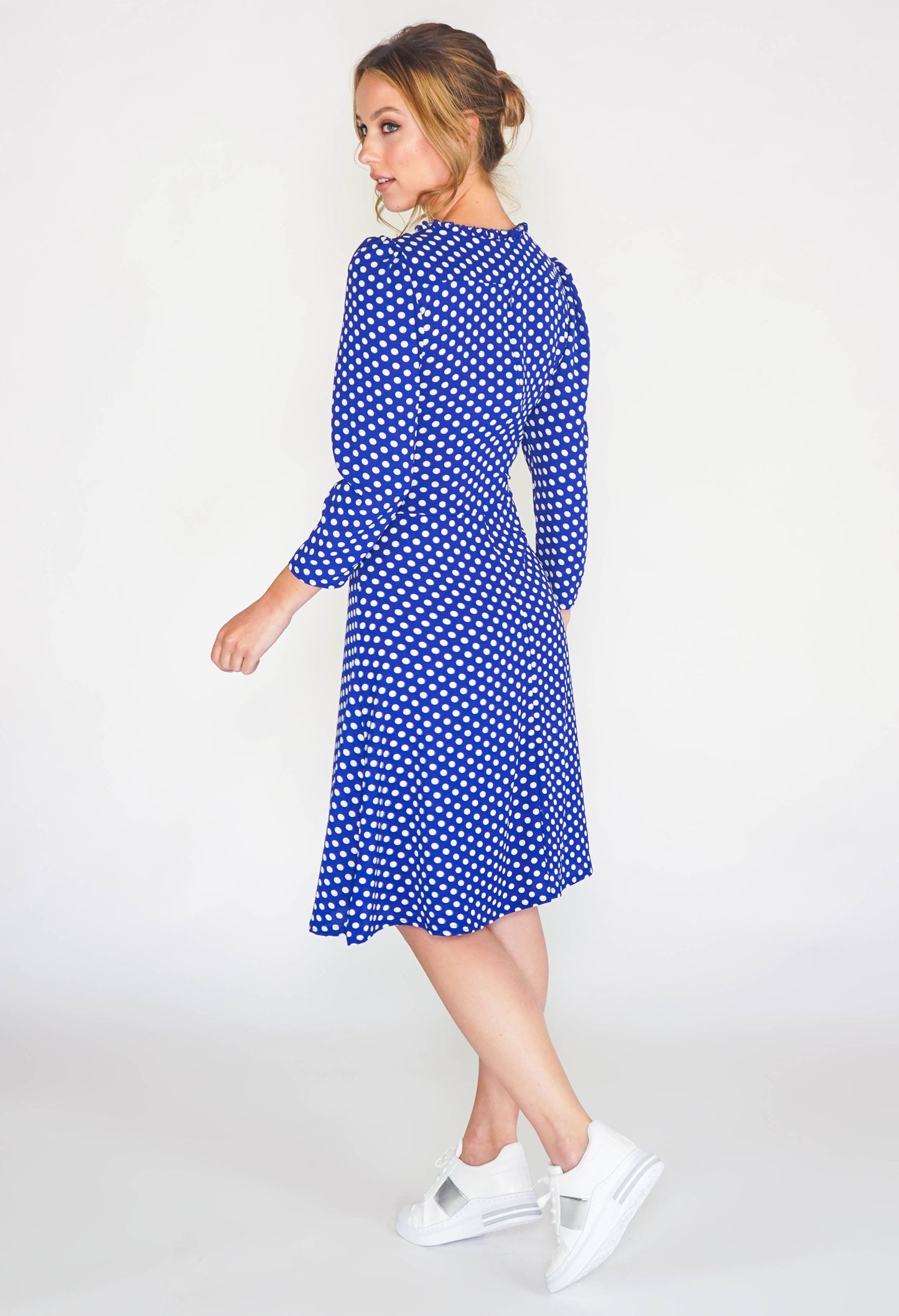 royal blue dress in polka dot print