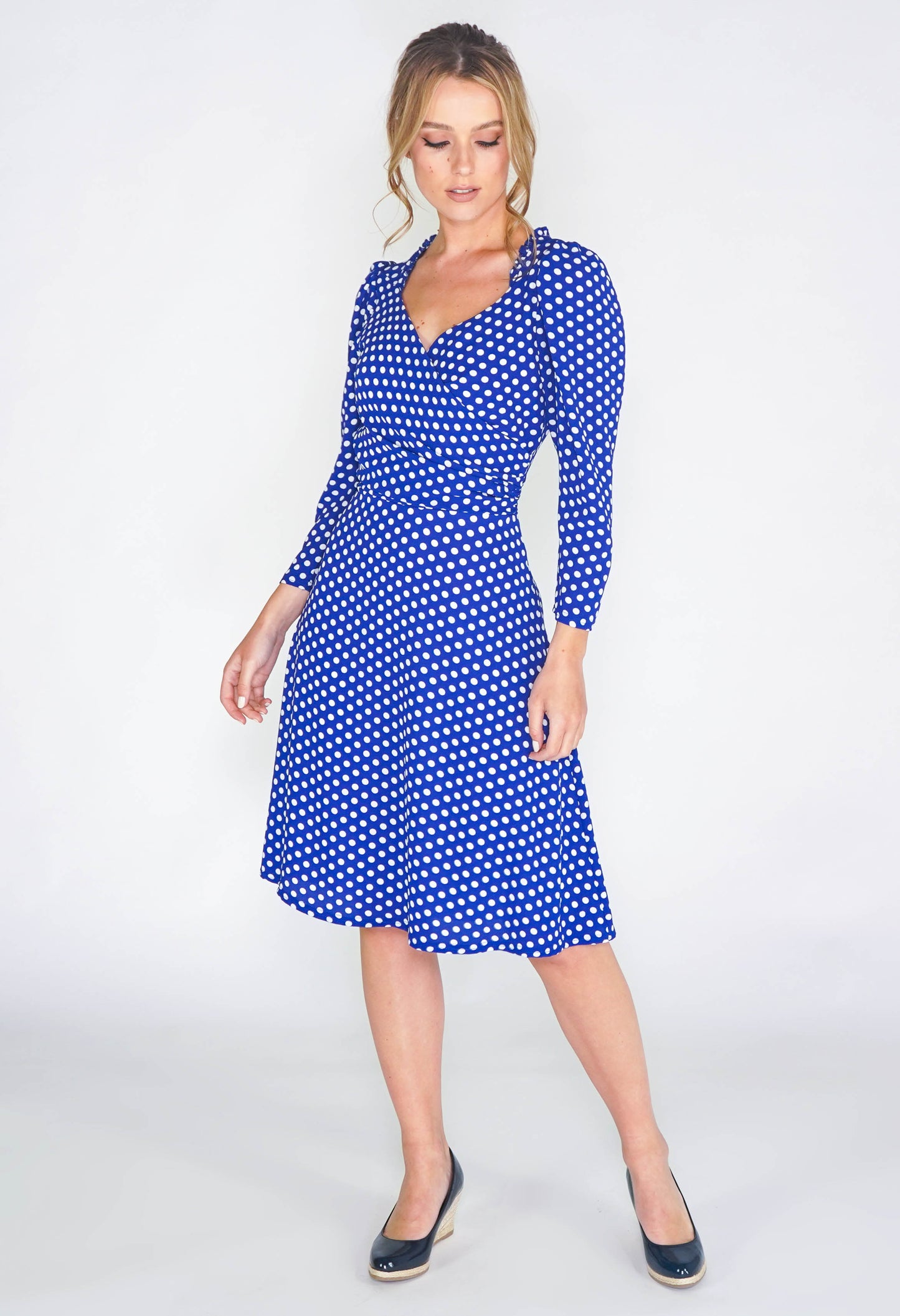 royal blue dress in polka dot print