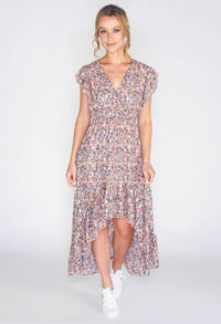 Floral high low dress with foil detail in pink