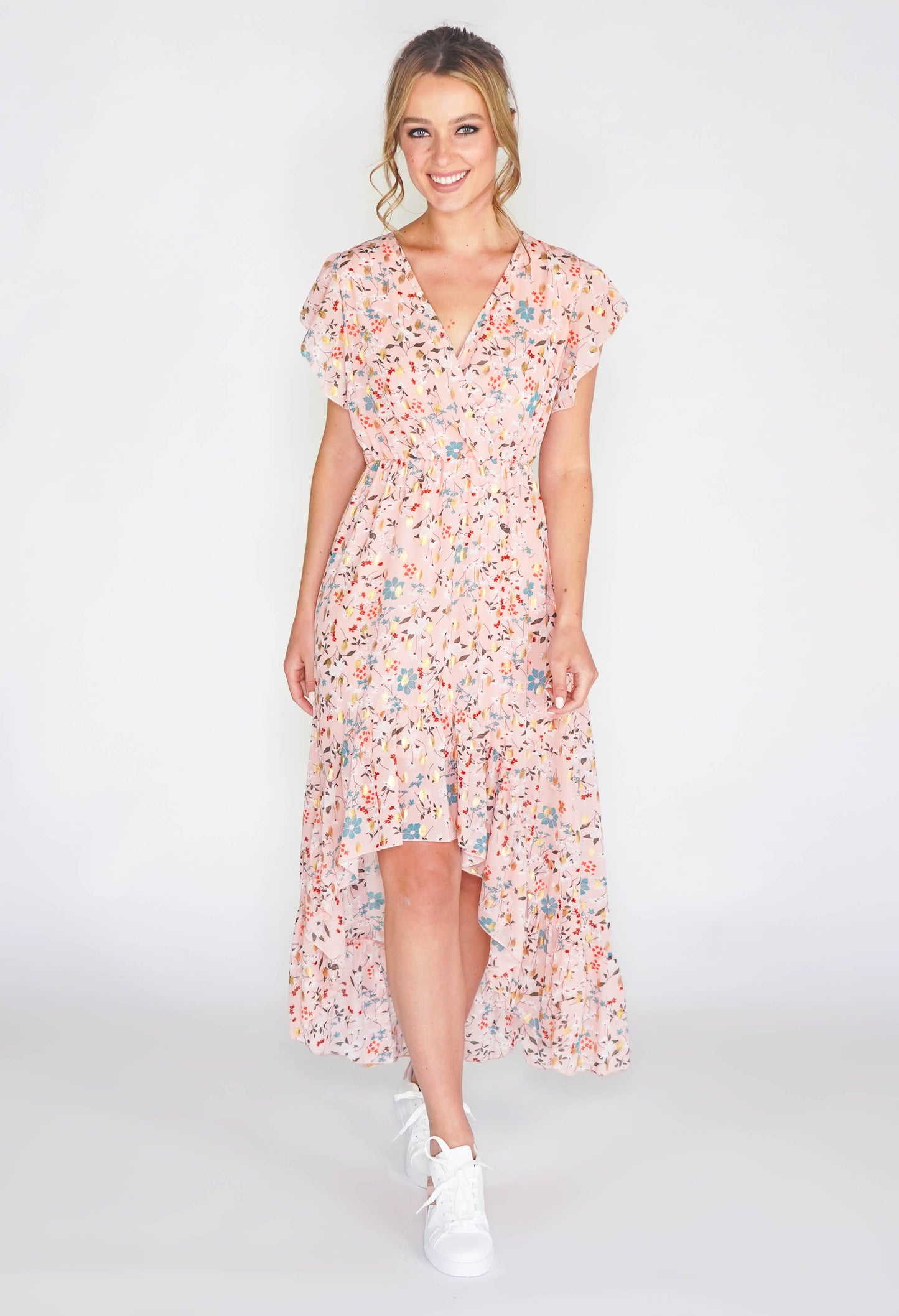 Floral high low dress with foil detail in pink -1