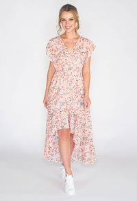 Floral high low dress with foil detail in pink -1