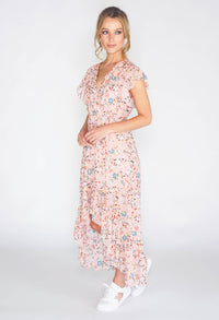 Floral high low dress with foil detail in pink -1