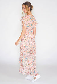 Floral high low dress with foil detail in pink -1