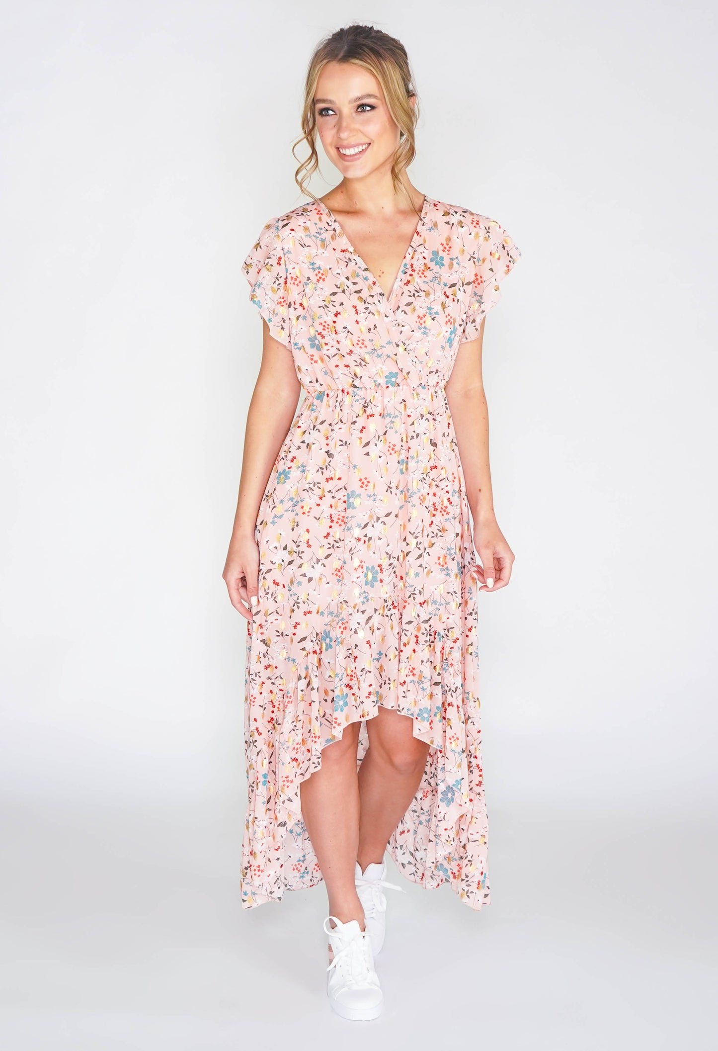 Floral high low dress with foil detail in pink -1