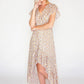 Leaf printed high low dress with foil detail in beige