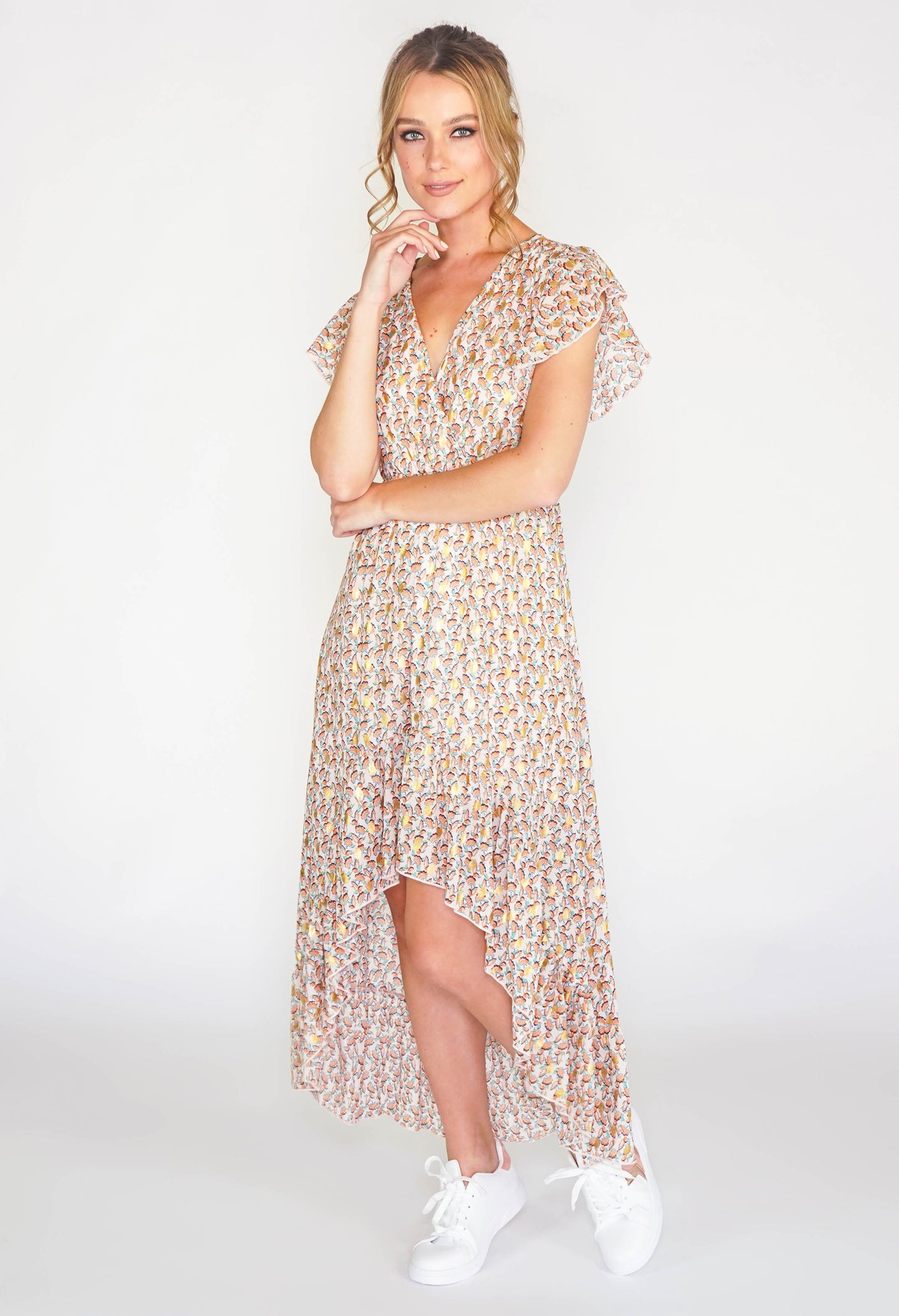 Leaf printed high low dress with foil detail in beige