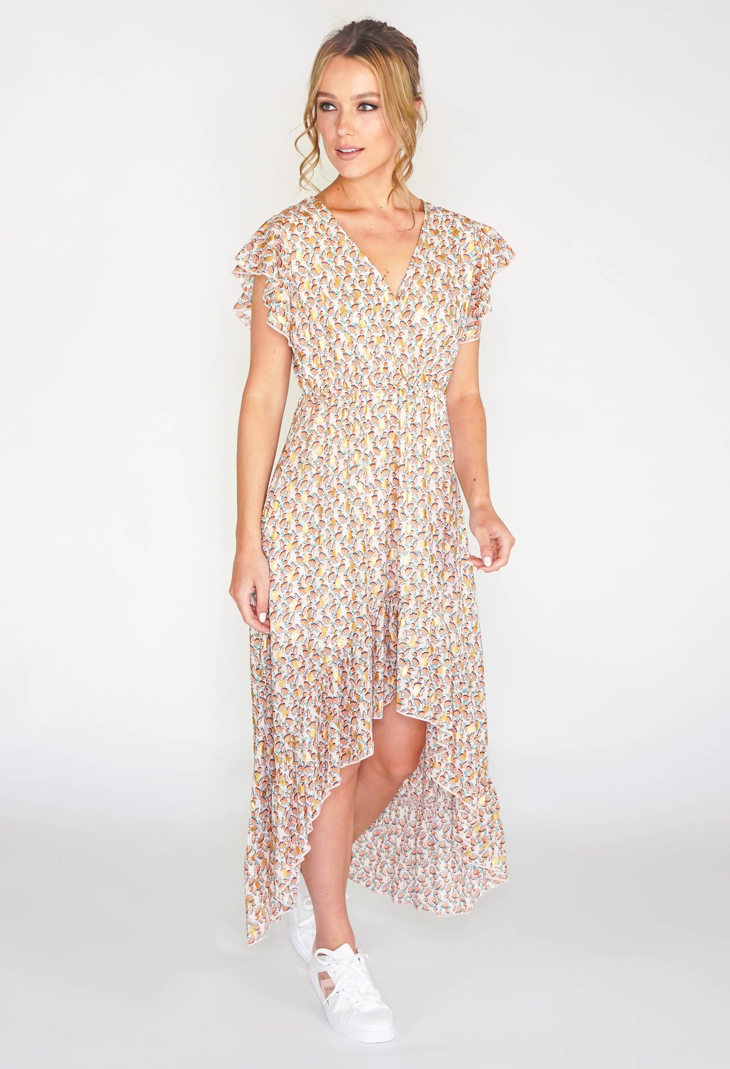 Leaf printed high low dress with foil detail in beige