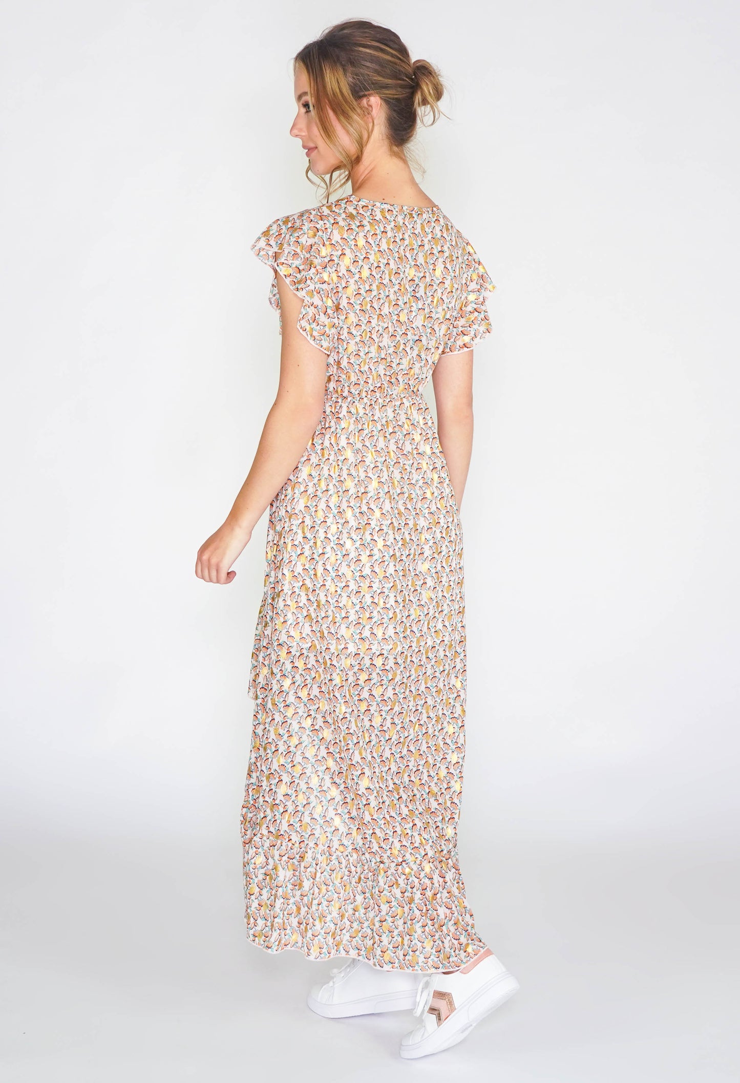 Leaf printed high low dress with foil detail in beige