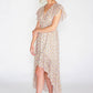 Leaf printed high low dress with foil detail in beige