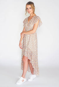 Leaf printed high low dress with foil detail in beige