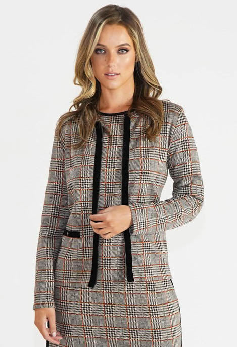 Beige Checked Jacket with Velvet Zip and Pocket Detail