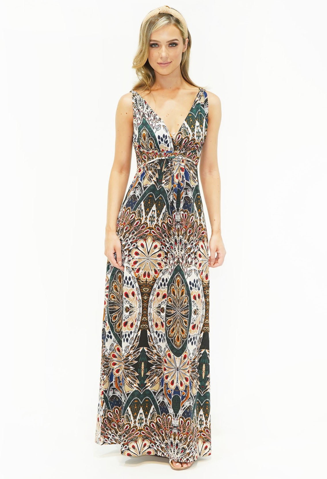 Pamela Scott Peacock Print Maxi Dress