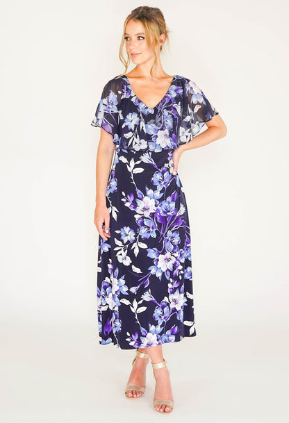 CAPELET FLORAL PRINT DRESS IN NAVY