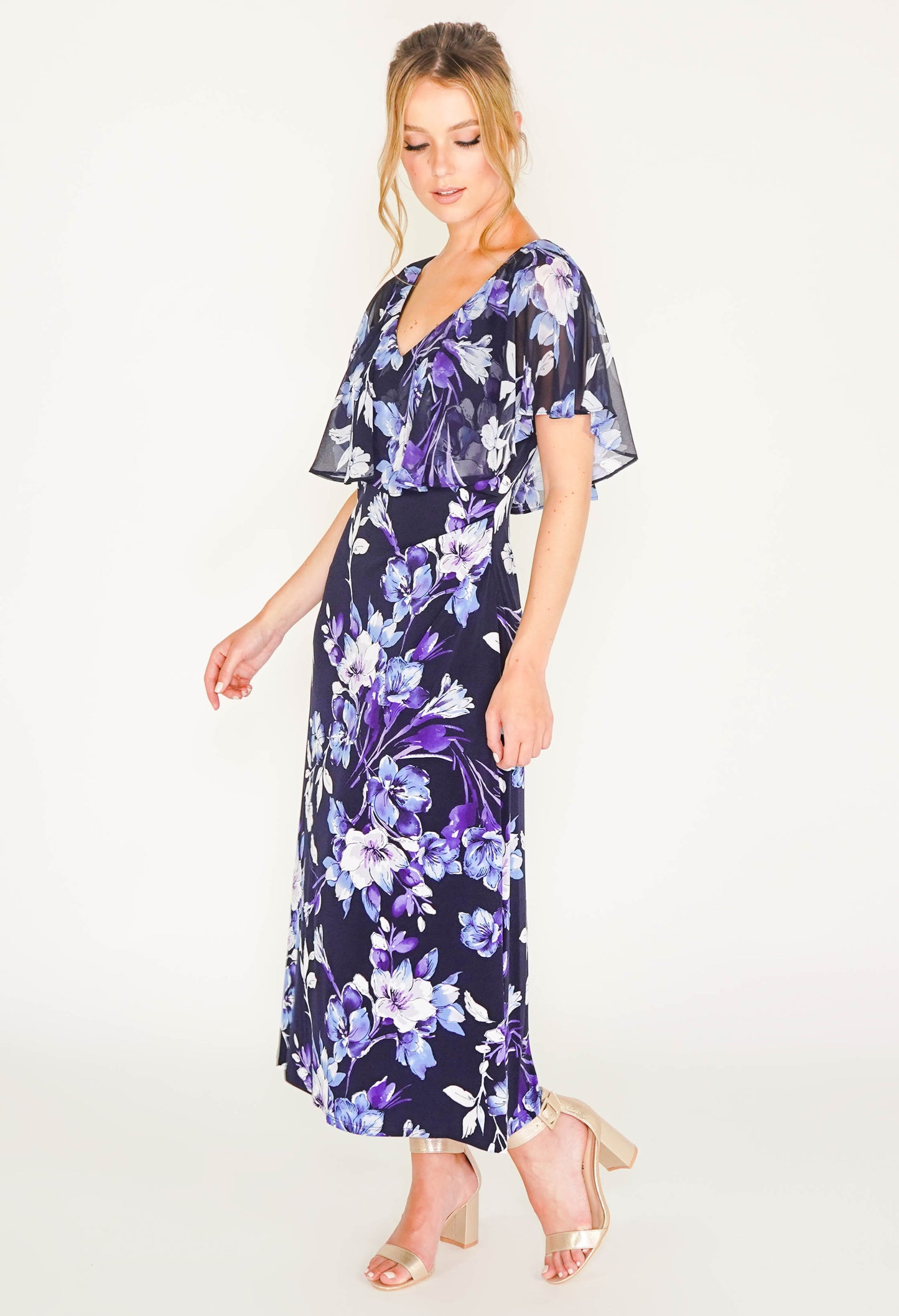 CAPELET FLORAL PRINT DRESS IN NAVY