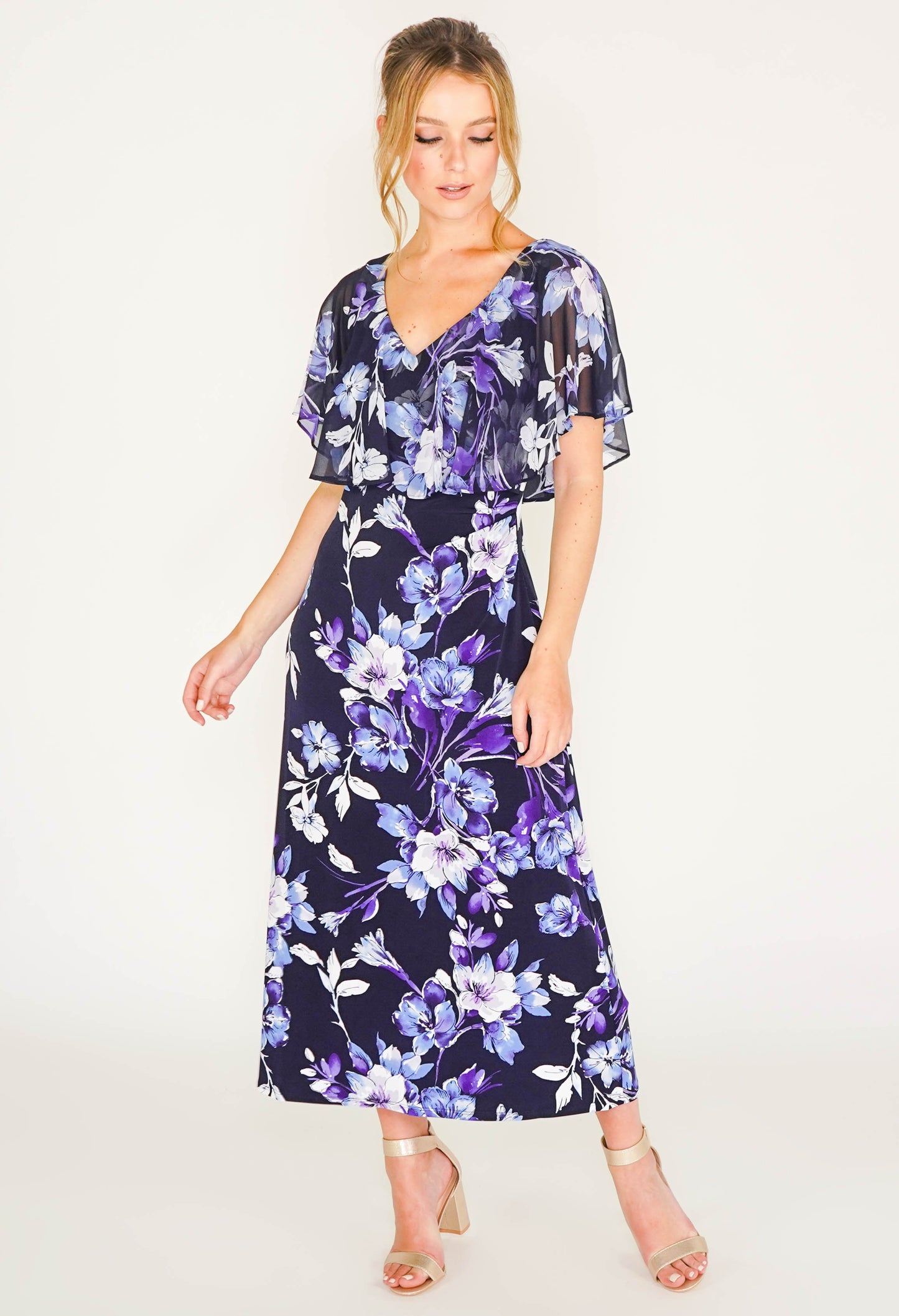 CAPELET FLORAL PRINT DRESS IN NAVY