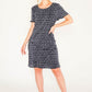 NAVY PRINT CIRCLE DRESS WITH ASYMMETRICAL PANELS