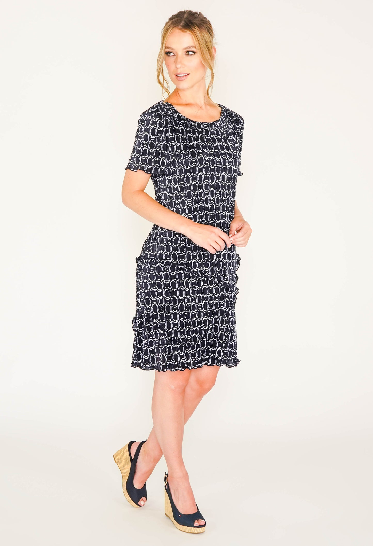 NAVY PRINT CIRCLE DRESS WITH ASYMMETRICAL PANELS