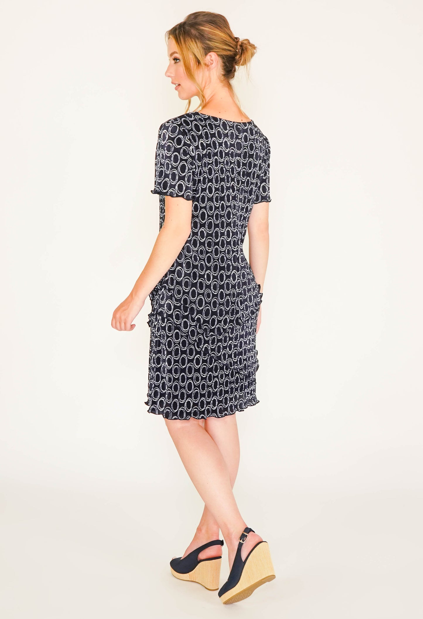 NAVY PRINT CIRCLE DRESS WITH ASYMMETRICAL PANELS