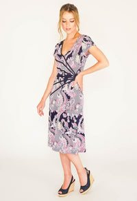 PANEL FRONT DRESS IN A NAVY AND PINK PAISLEY PRINT