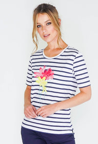 striped t-shirt with flower detail front -1