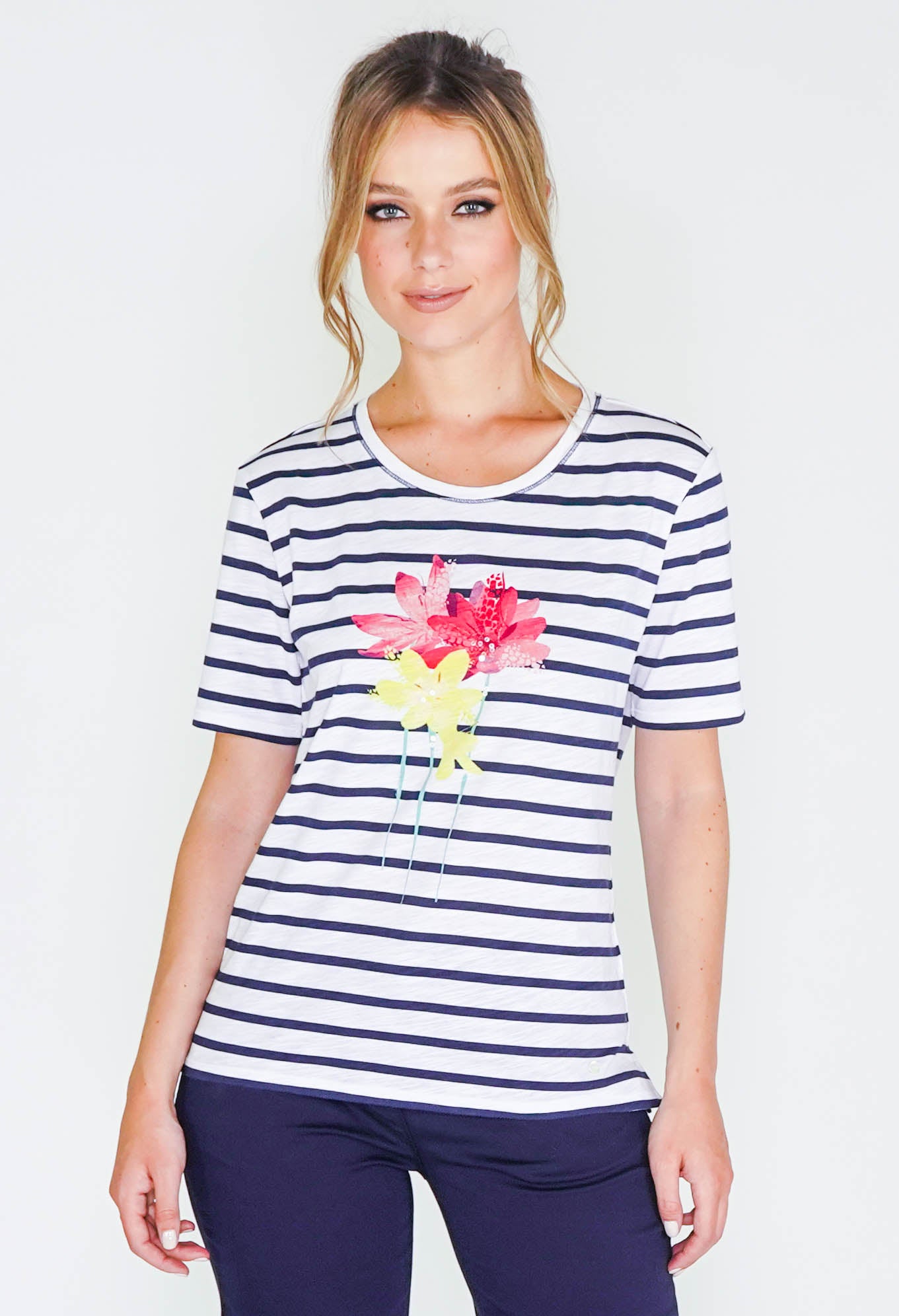 striped t-shirt with flower detail front -1