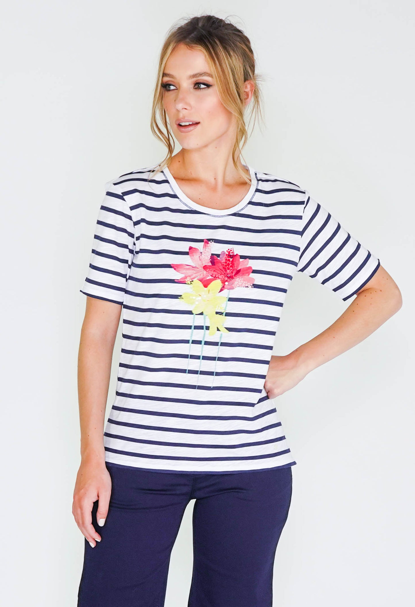 striped t-shirt with flower detail front -1