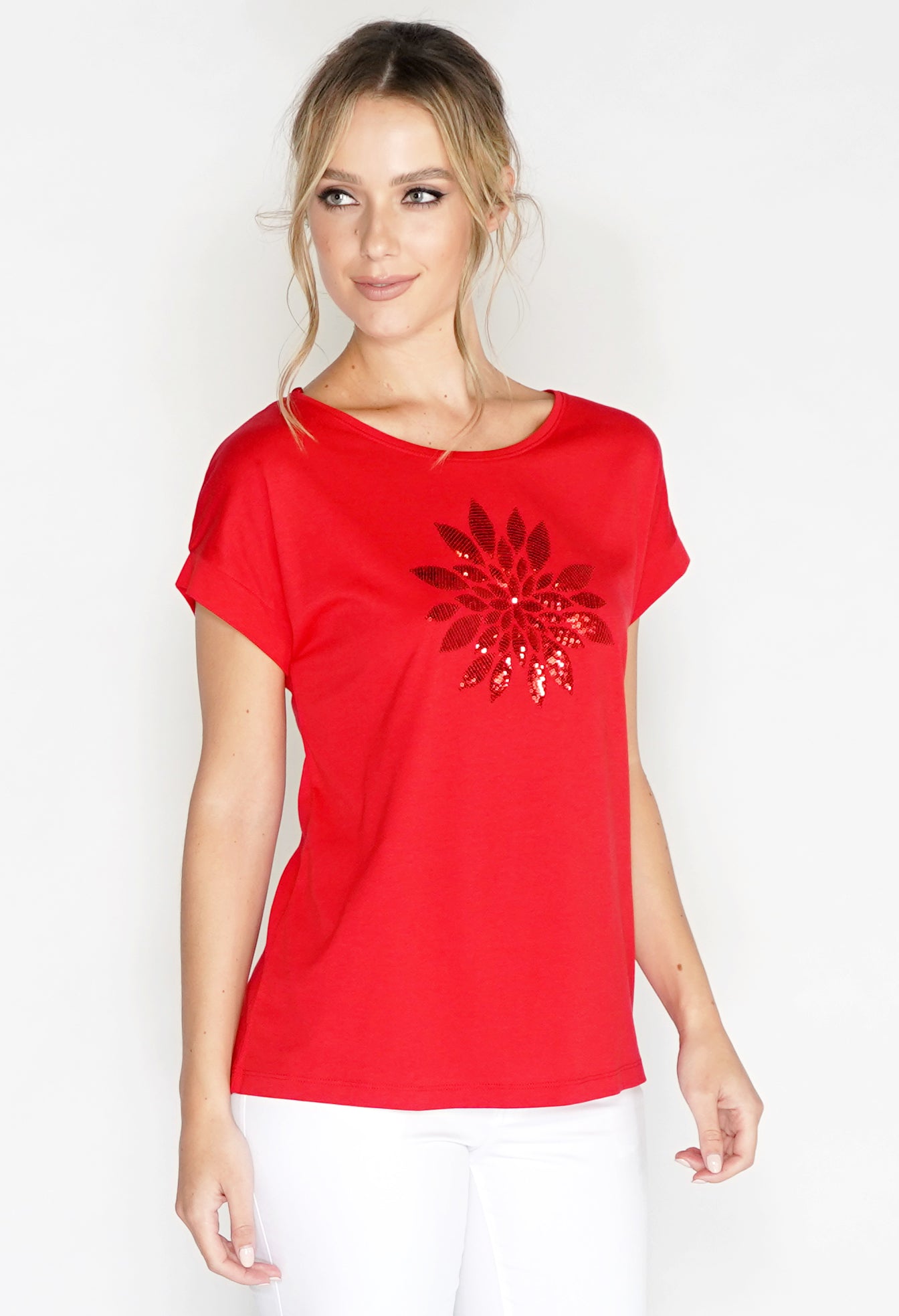 Mosaic Flower Sequin Detail T-shirt-1