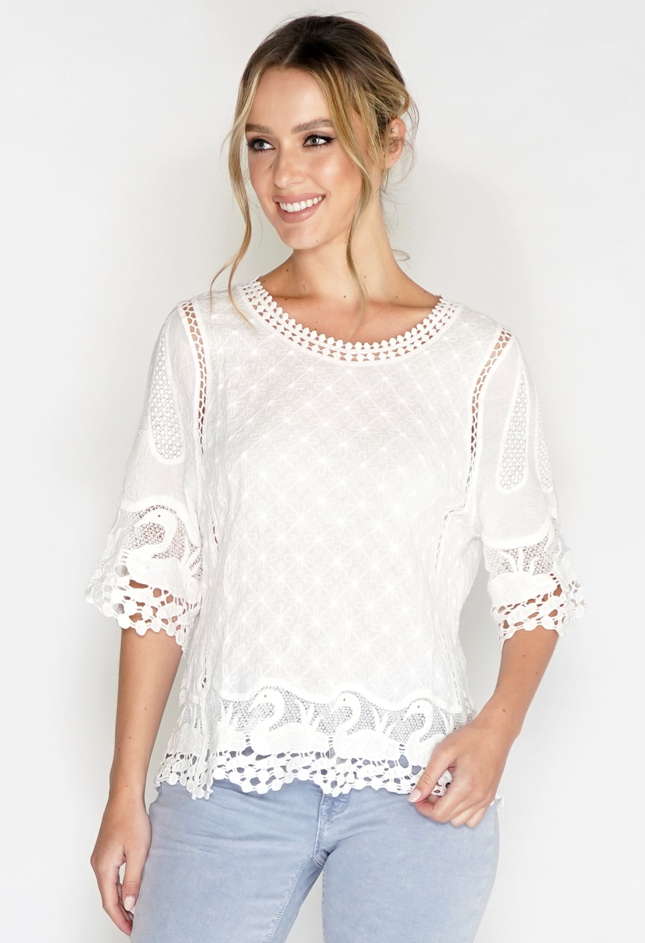 BRODERIE DETAIL BLOUSE IN WHITE