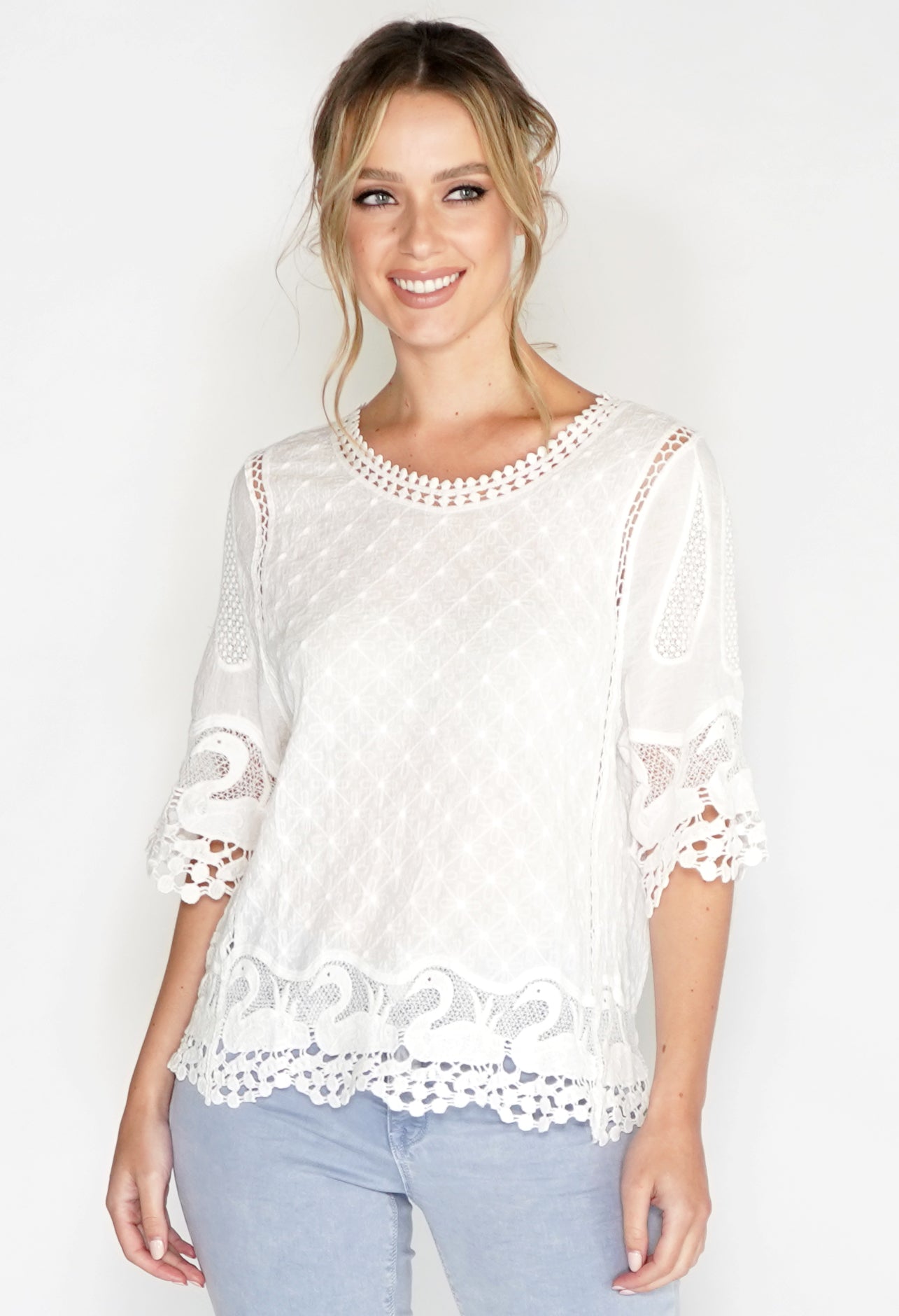 BRODERIE DETAIL BLOUSE IN WHITE