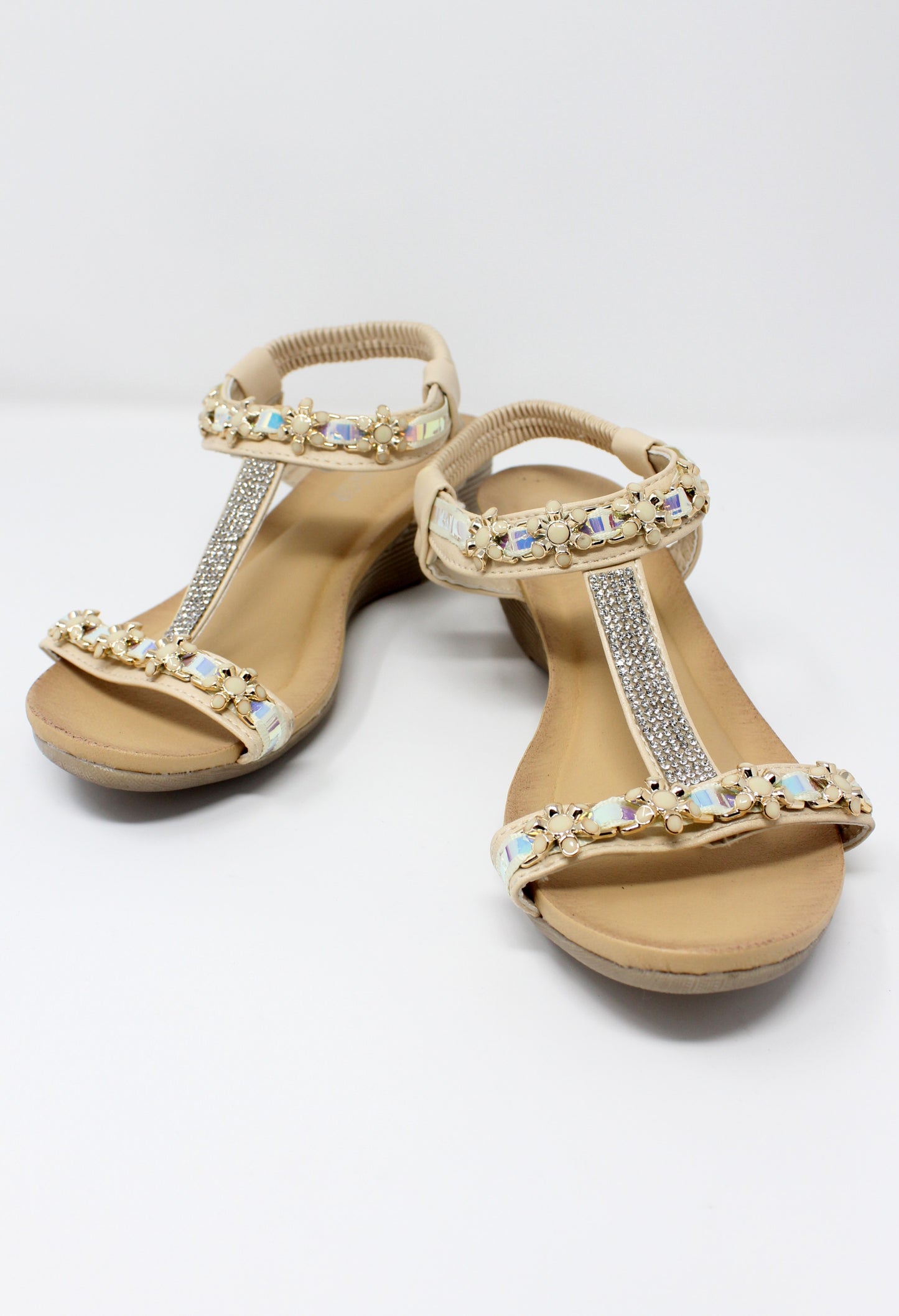 Beige Lightweight T Strap Wedge Sandal