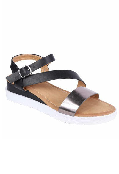 Lightweight Low Wedge Black & Pewter Sandal