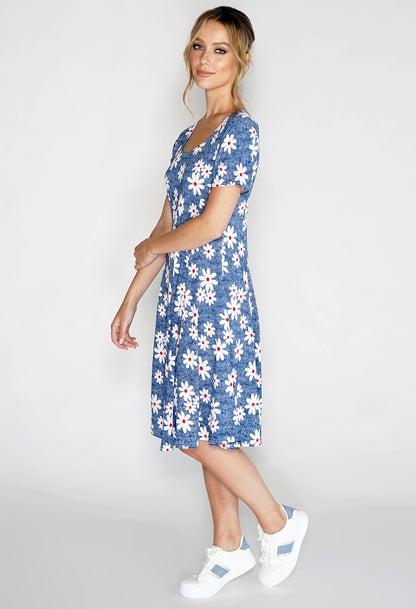 Blue Daisy Print Swing Dress