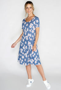 Blue Daisy Print Swing Dress