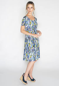 Abstract Green Leaf Print Swing Dress