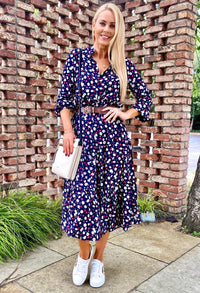 Navy and Red Floral Shirt Dress