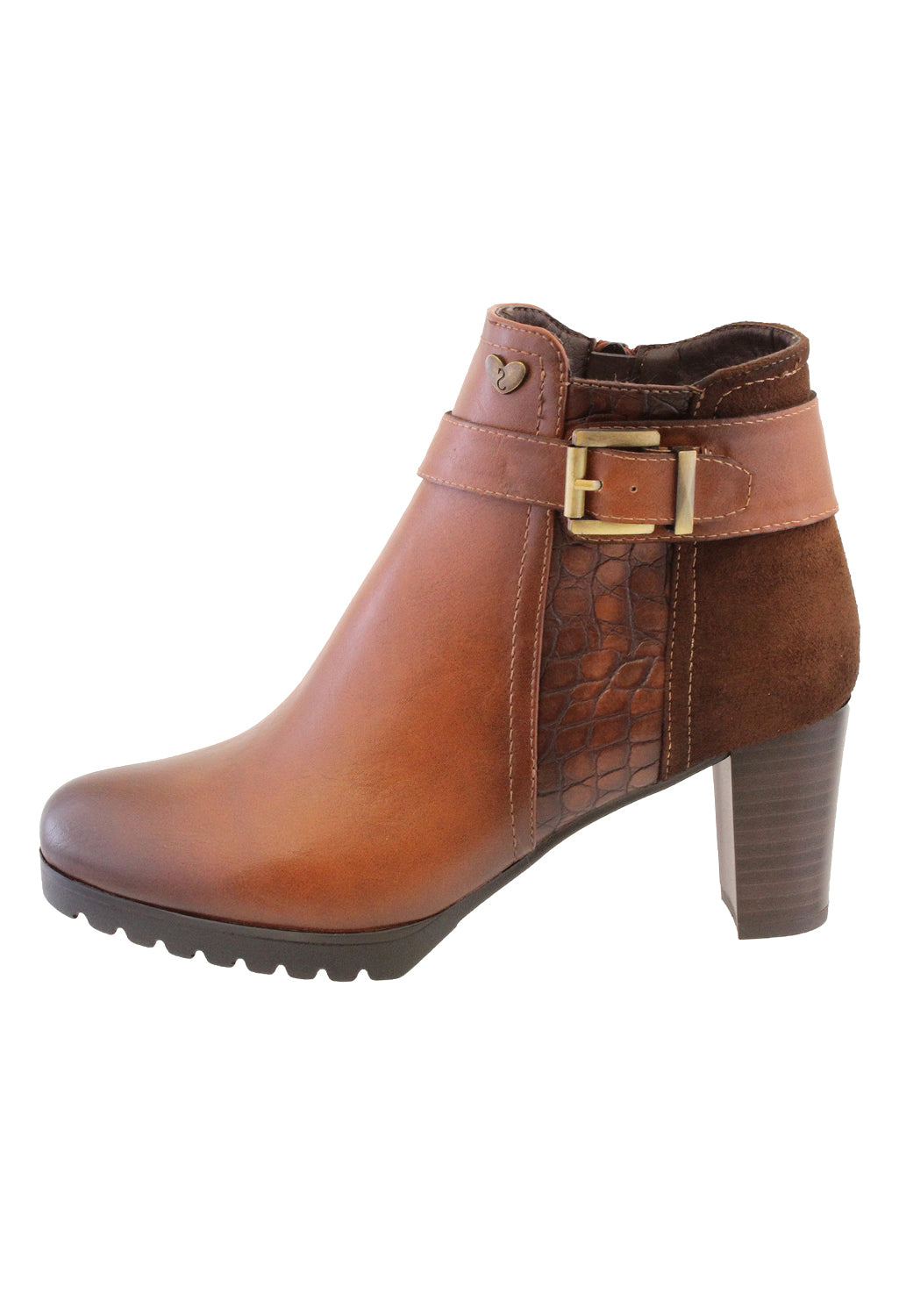 Tan Leather Look Side Zip Block Heel Ankle Boot