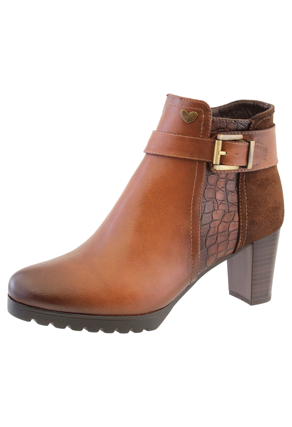 Tan Leather Look Side Zip Block Heel Ankle Boot