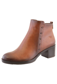 Susst Tan Leather Look Plain Front, Side Zip Block Heel Ankle Boot,